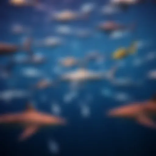 Diversity of Shark Species in Marine Ecosystems A vast underwater scene showcasing various shark species in their natural habitat