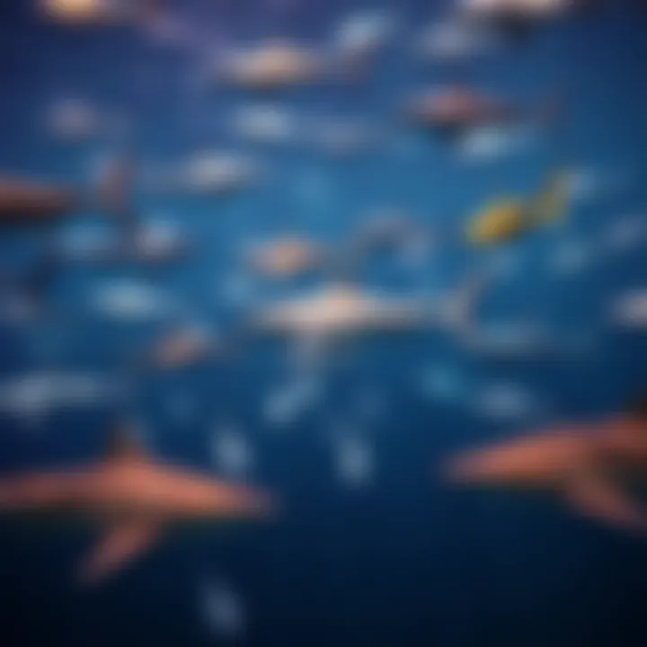 Diversity of Shark Species in Marine Ecosystems A vast underwater scene showcasing various shark species in their natural habitat