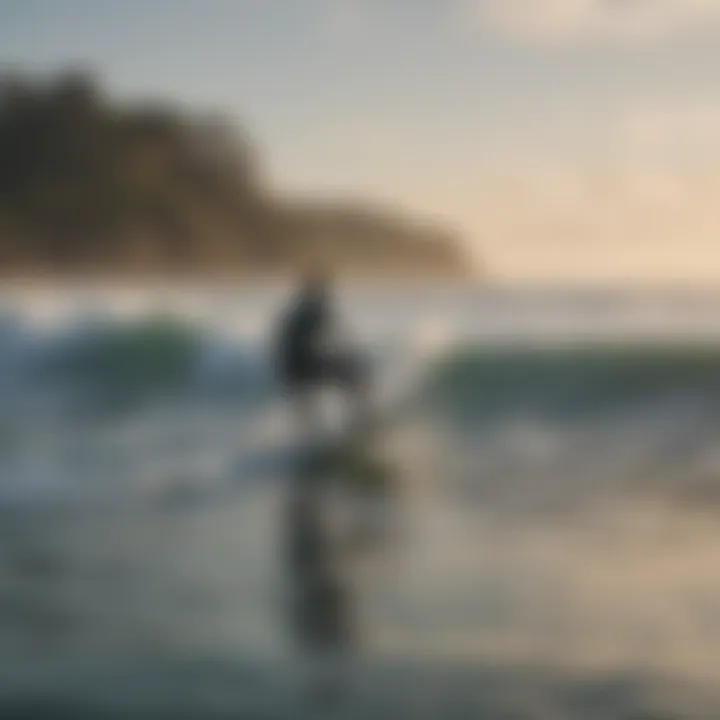 An instructor guiding an individual on the surfboard