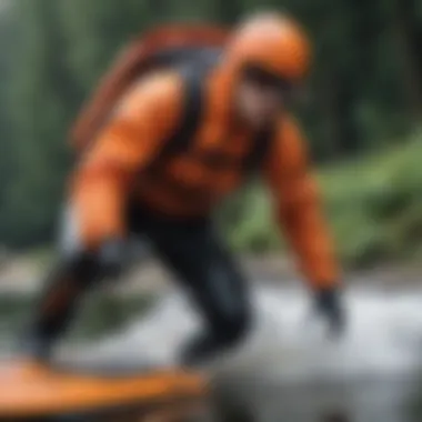 An outdoor scene with a watersports enthusiast using gear made of softshell and hardshell materials