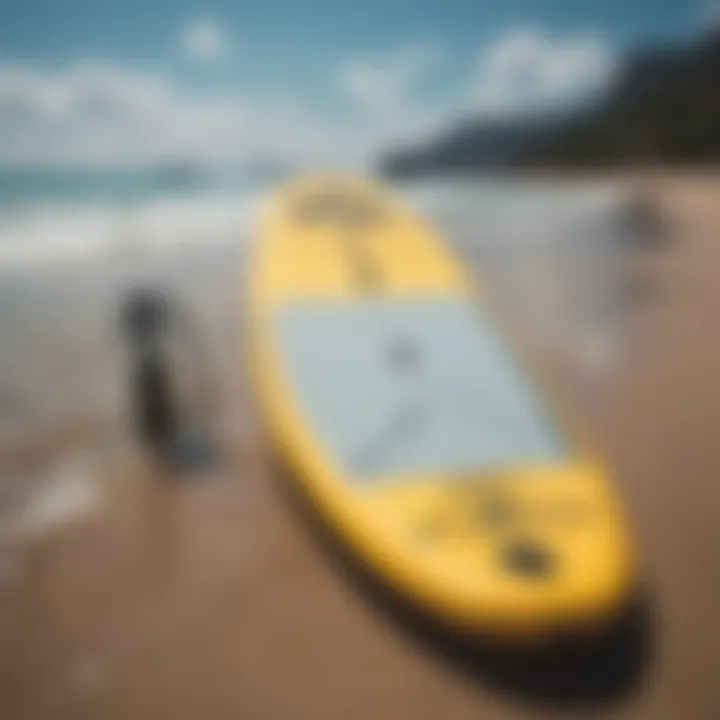 Essential SUP equipment displayed on a beach