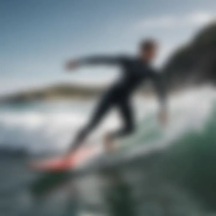 A surfer in action, highlighting the flexibility and fit of a high-quality wetsuit in the water.