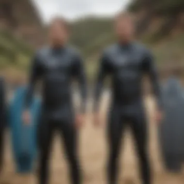 An array of different surf wetsuits displayed to emphasize variety in design and color.