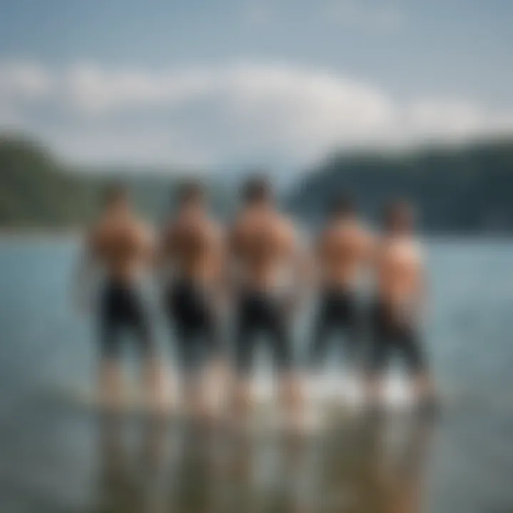 A group performing warm-up exercises by the water