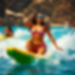 Dynamic watersport scene featuring vibrant bikini styles