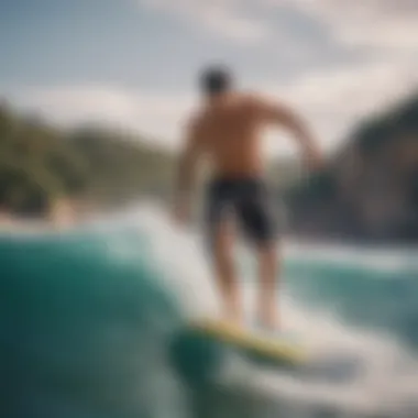 A dynamic beach scene highlighting the versatility of board shorts in various watersports.