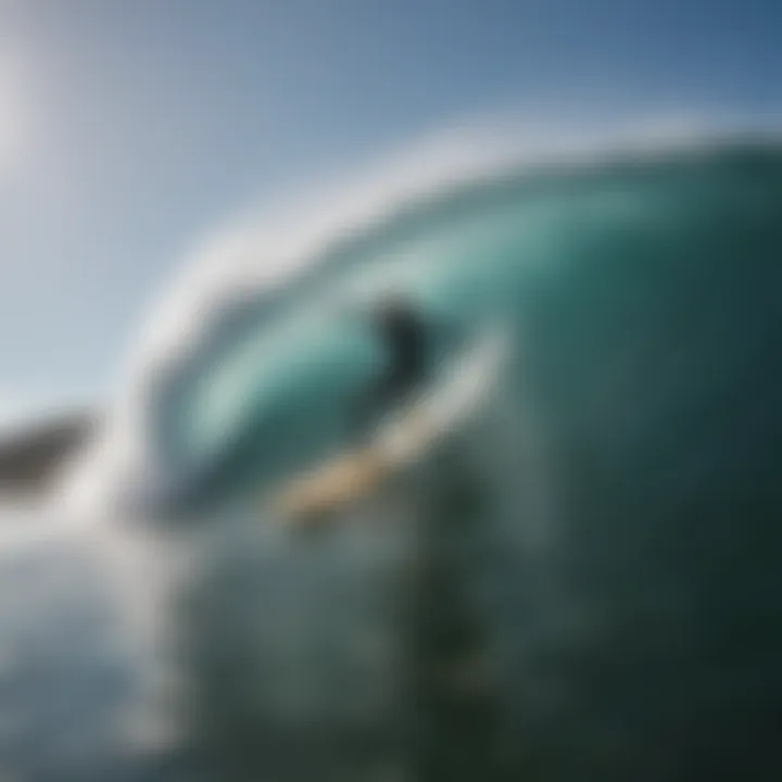 A surfer performing a maneuver on a barreling wave.