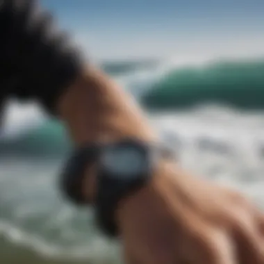 Close-up of a Casio watch illustrating tide data for surfing conditions