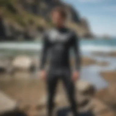 Patagonia wetsuit displayed on a rocky beach setting