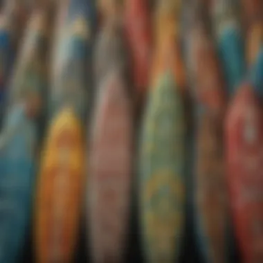 A vibrant display of custom surfboard designs showcasing various colors and patterns