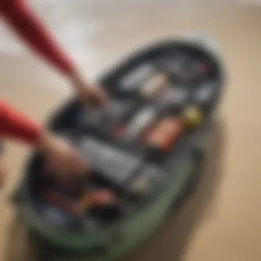 A surfer organizing their gear inside a spacious six-foot surfboard bag.