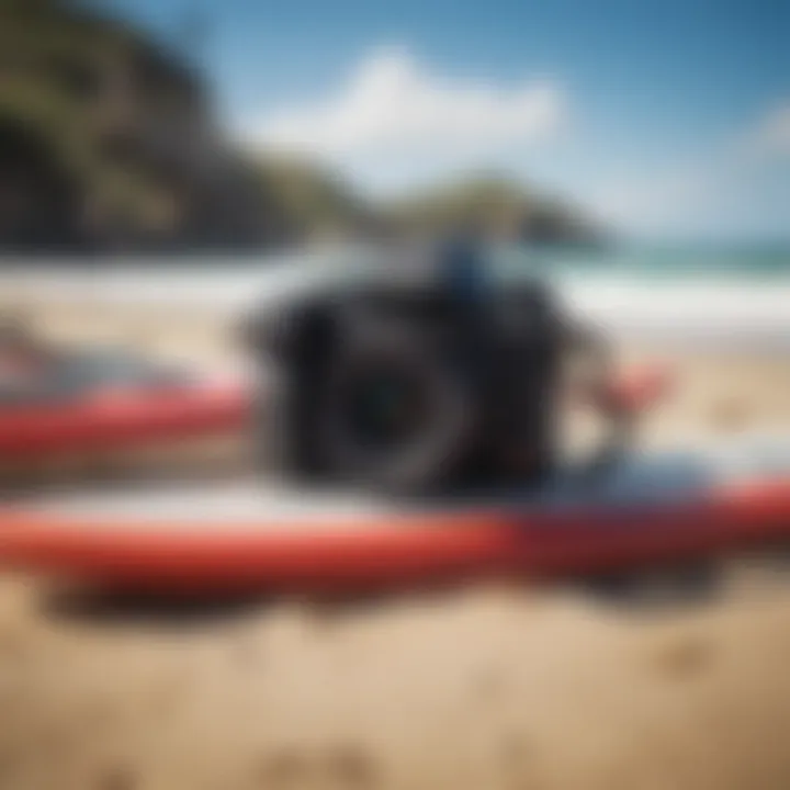 Essential surf gear displayed on the beach