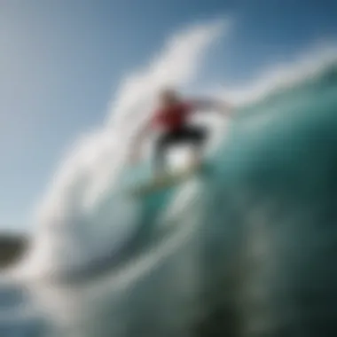 Ocean waves crashing against a surfboard in use, emphasizing the thrill of surfing.