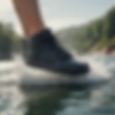 Footwear in action on water, demonstrating the performance of lace-free shoes.