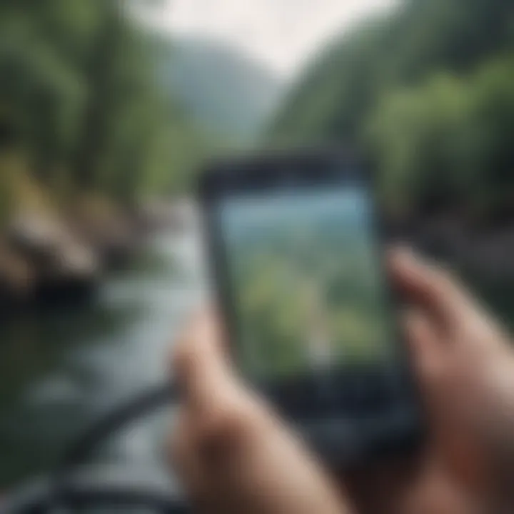 A smartphone displaying a GPS app with a clear view of the surrounding landscape.