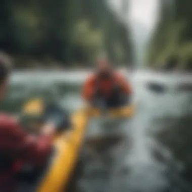 A group of outdoor enthusiasts using a compass and map on a kayaking trip.