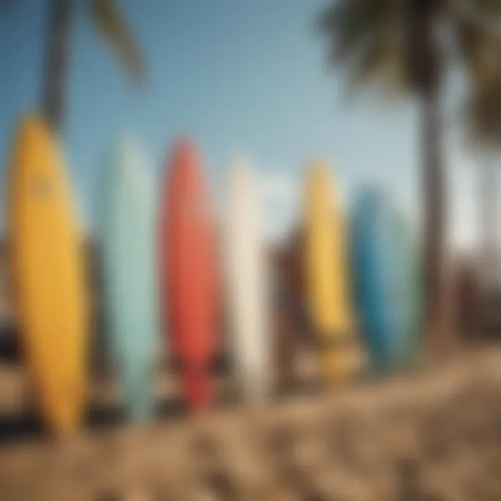 Vibrant beach scene with surfboards lined up