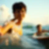 A serene beach scene with waves crashing gently, representing water activities.