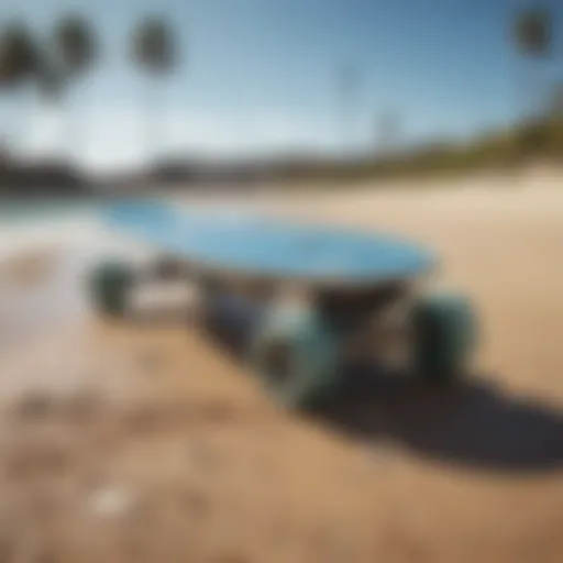 A sleek electric surf skateboard on a beach