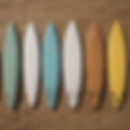 Diverse surfboard types displayed on a beach