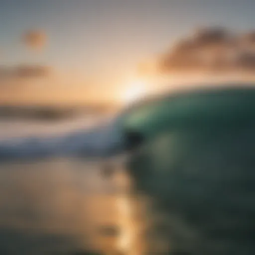 A surfer catching a wave at sunrise