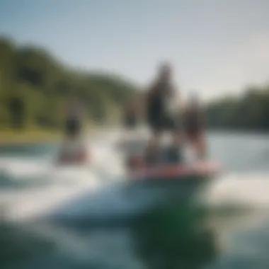 A group of friends enjoying wakeboarding behind a powerful boat