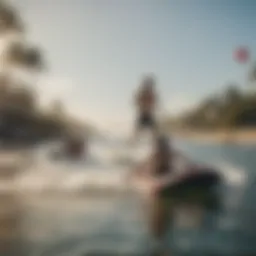 A serene beach setting with local watersports enthusiasts engaging in activities.