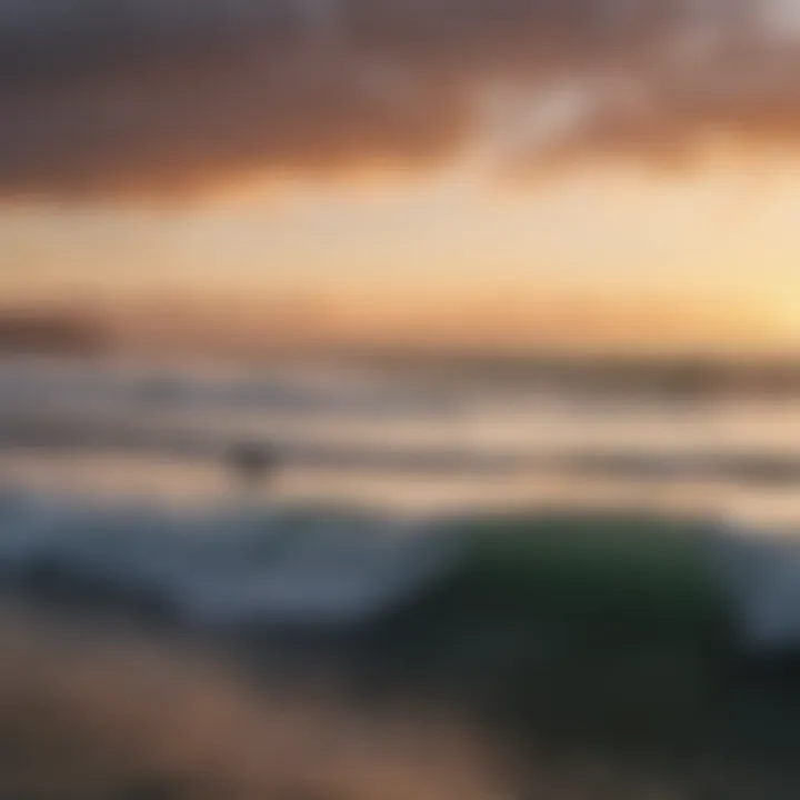 A sunset view of surfers in action