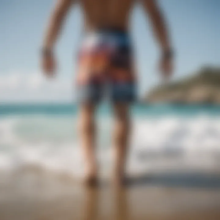 A vibrant beach scene featuring an individual wearing custom boardshorts while enjoying water sports.