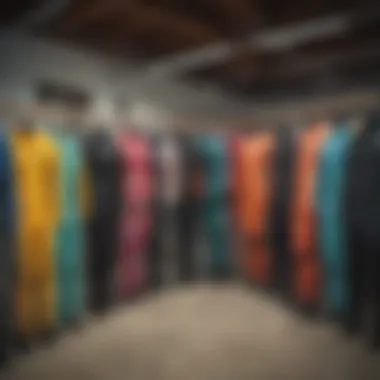 An array of colors and styles of the Billabong Spring Fever wetsuit displayed on a rack.