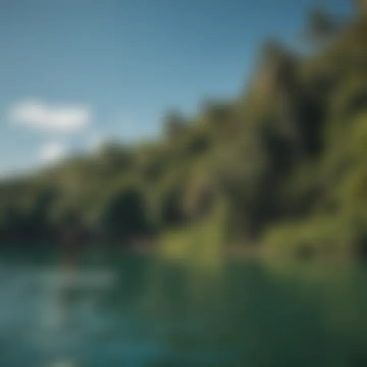 A paddleboarder gliding smoothly across the calm waters of Cabarete, surrounded by lush greenery and cliffs.