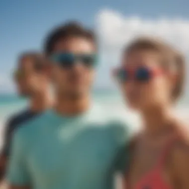 Group of surfers with Costa Maya sunglasses on a vibrant beach