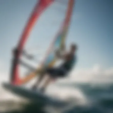 Dynamic action shot of a windsurfer utilizing the windsurf wing