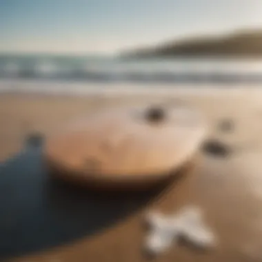 A sleek five-foot board resting on the beach with waves in the background