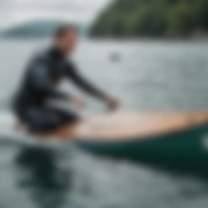 An individual skillfully maneuvering a five-foot board on calm waters