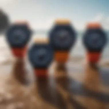 A collection of G-Shock watches displayed against a colorful surfing backdrop