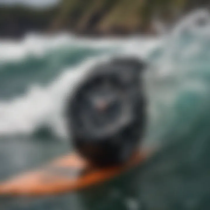 A vibrant G-Shock watch displayed on a surfboard against a backdrop of ocean waves