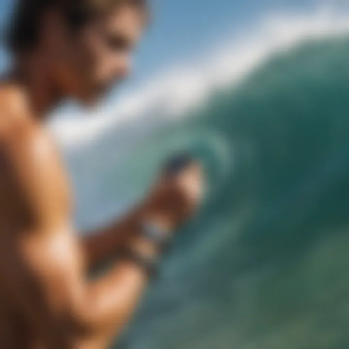 A surfer checking the time on a G-Shock watch while preparing to catch a wave