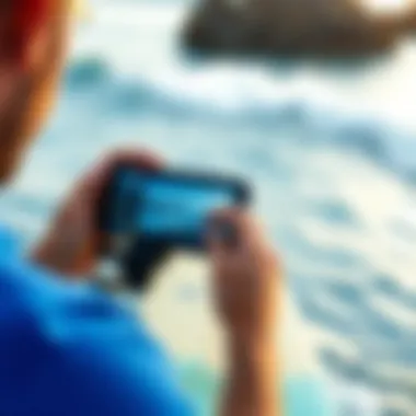 Surfer Checking Surf Conditions on a Mobile Device Surfer checking surf conditions on a mobile device