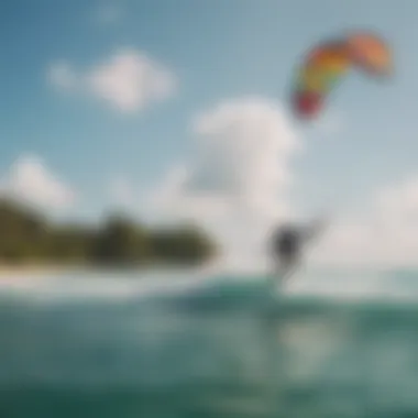 A picturesque beach scene with kite surfers enjoying the waves