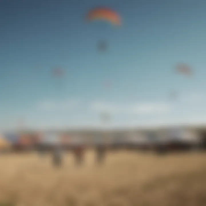 A group of enthusiasts flying large single line kites at a festival.