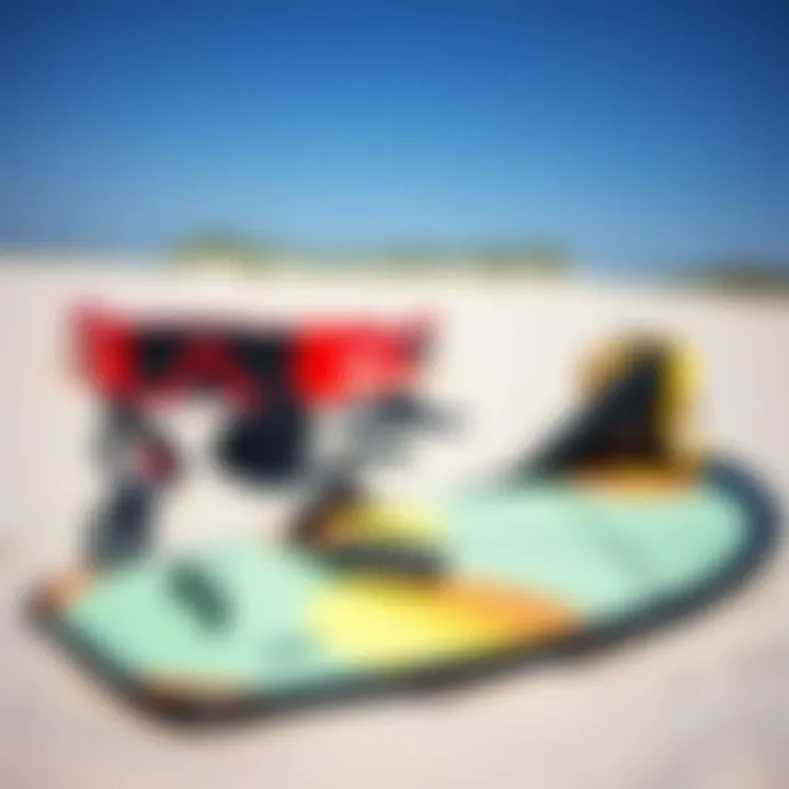 Essential kitesurfing gear laid out on the sand