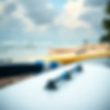 A serene beach scene with long boards lined up for use