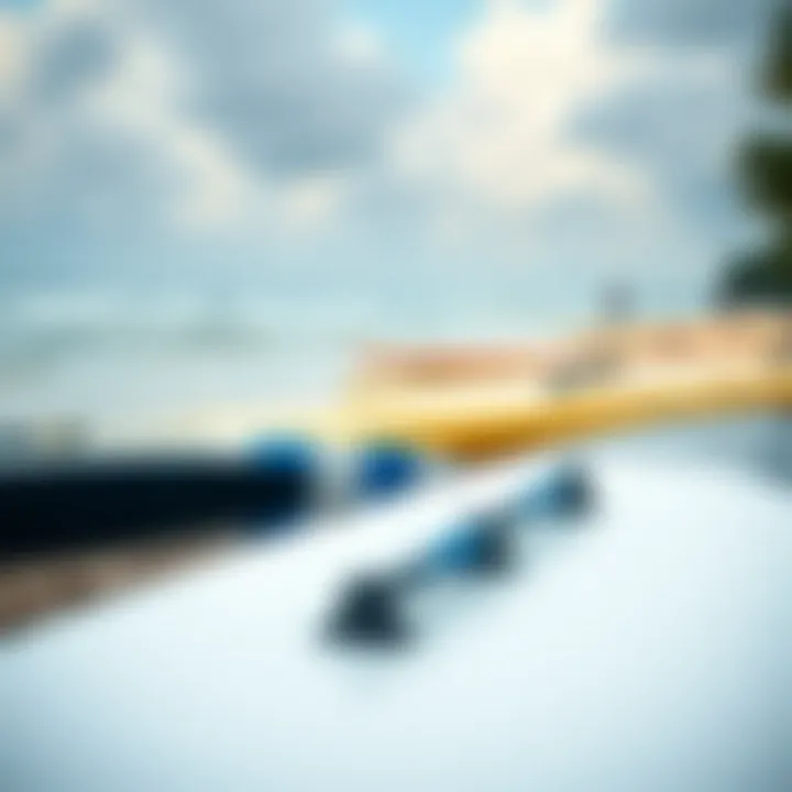 A serene beach scene with long boards lined up for use