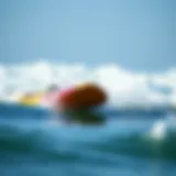 A vibrant long board gliding over ocean waves