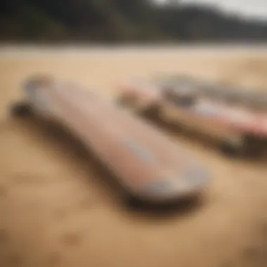 Various longboard types displayed on the sand