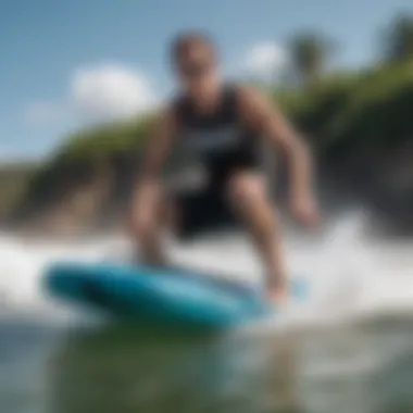 A rider experiencing the thrill of a motorized boogie board in the surf