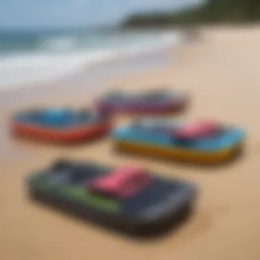 An overview of various motorized boogie boards displayed on a sandy beach