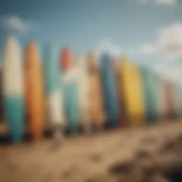 A variety of surfboards displayed on a beach