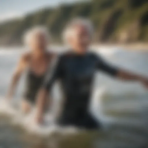 A serene beach scene showcasing older adults engaging in watersports.